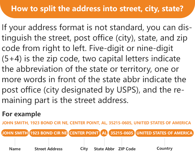 How to split the address into street, city, state?